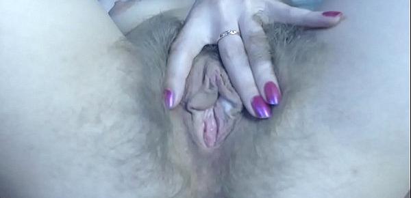  Hairy blonde pussy fingering close up